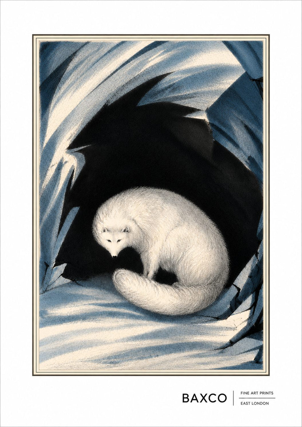 An Arctic fox sheltering among the ice, drawn in around 1833 by Sir John Ross, Royal Navy officer and Arctic explorer, during the great age of polar exploration.

This BAXCO reproduction preserves Ross’s beautifully stark original illustration, with its glacial blues, winter whites and extraordinary black ice formation framing the curled fox.

A remarkable piece of early natural-history illustration capturing an animal perfectly adapted to one of the world’s most unforgiving landscapes.
