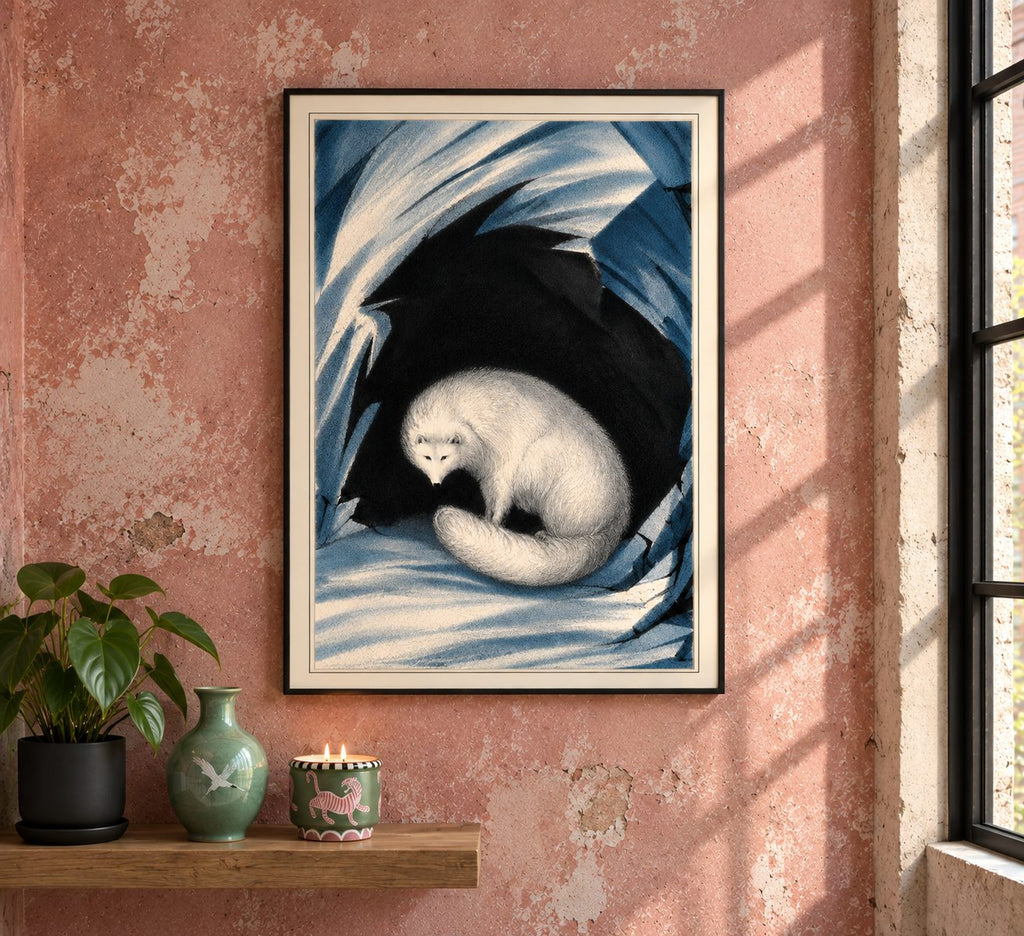 An Arctic fox sheltering among the ice, drawn in around 1833 by Sir John Ross, Royal Navy officer and Arctic explorer, during the great age of polar exploration.

This BAXCO reproduction preserves Ross’s beautifully stark original illustration, with its glacial blues, winter whites and extraordinary black ice formation framing the curled fox.

A remarkable piece of early natural-history illustration capturing an animal perfectly adapted to one of the world’s most unforgiving landscapes.