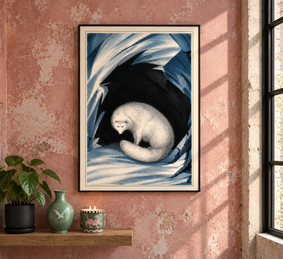 An Arctic fox sheltering among the ice, drawn in around 1833 by Sir John Ross, Royal Navy officer and Arctic explorer, during the great age of polar exploration.

This BAXCO reproduction preserves Ross’s beautifully stark original illustration, with its glacial blues, winter whites and extraordinary black ice formation framing the curled fox.

A remarkable piece of early natural-history illustration capturing an animal perfectly adapted to one of the world’s most unforgiving landscapes.