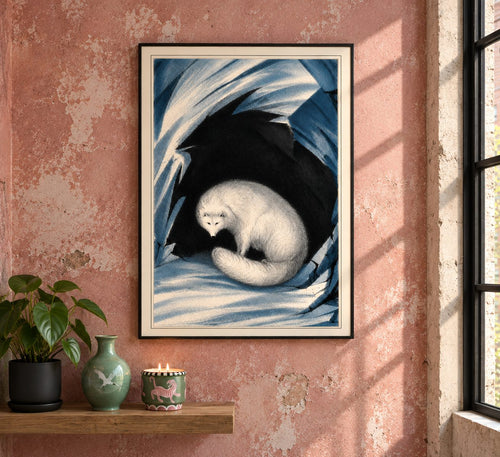 An Arctic fox sheltering among the ice, drawn in around 1833 by Sir John Ross, Royal Navy officer and Arctic explorer, during the great age of polar exploration.

This BAXCO reproduction preserves Ross’s beautifully stark original illustration, with its glacial blues, winter whites and extraordinary black ice formation framing the curled fox.

A remarkable piece of early natural-history illustration capturing an animal perfectly adapted to one of the world’s most unforgiving landscapes.
