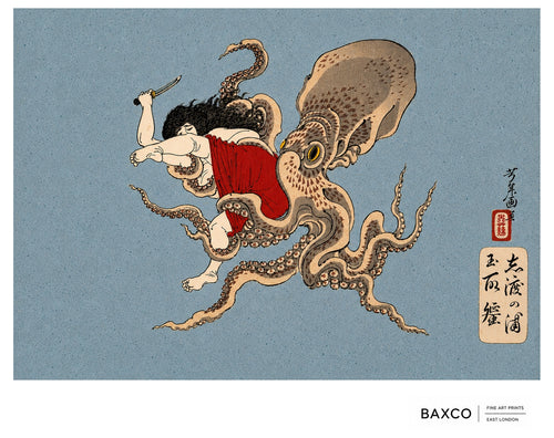 Ama takes its name from Japan’s centuries-old tradition of female free-divers, who descended into coastal waters without breathing apparatus to gather abalone, shellfish and other treasures from the sea.

This reproduction of an extraordinary 1870s colour woodcut by Tsukioka Yoshitoshi transforms that real-world tradition into something altogether more fantastical. 
