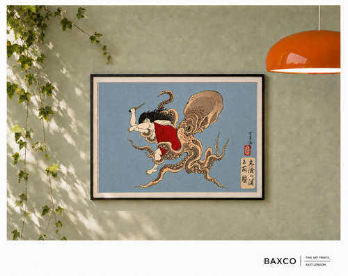 Ama takes its name from Japan’s centuries-old tradition of female free-divers, who descended into coastal waters without breathing apparatus to gather abalone, shellfish and other treasures from the sea.

This reproduction of an extraordinary 1870s colour woodcut by Tsukioka Yoshitoshi transforms that real-world tradition into something altogether more fantastical. 