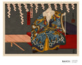 Aragoto takes its name from the bold, exaggerated style of kabuki performance associated with powerful, heroic, and often superhuman characters.

This reproduction of an early 1860s colour woodcut by Utagawa Kunikazu presents a commanding kabuki actor dressed in an extraordinary robe patterned with crashing waves, clouds, and dragons. His fierce expression, flowing white hair and beard, and imposing stance capture the heightened drama and spectacle of the kabuki stage.
