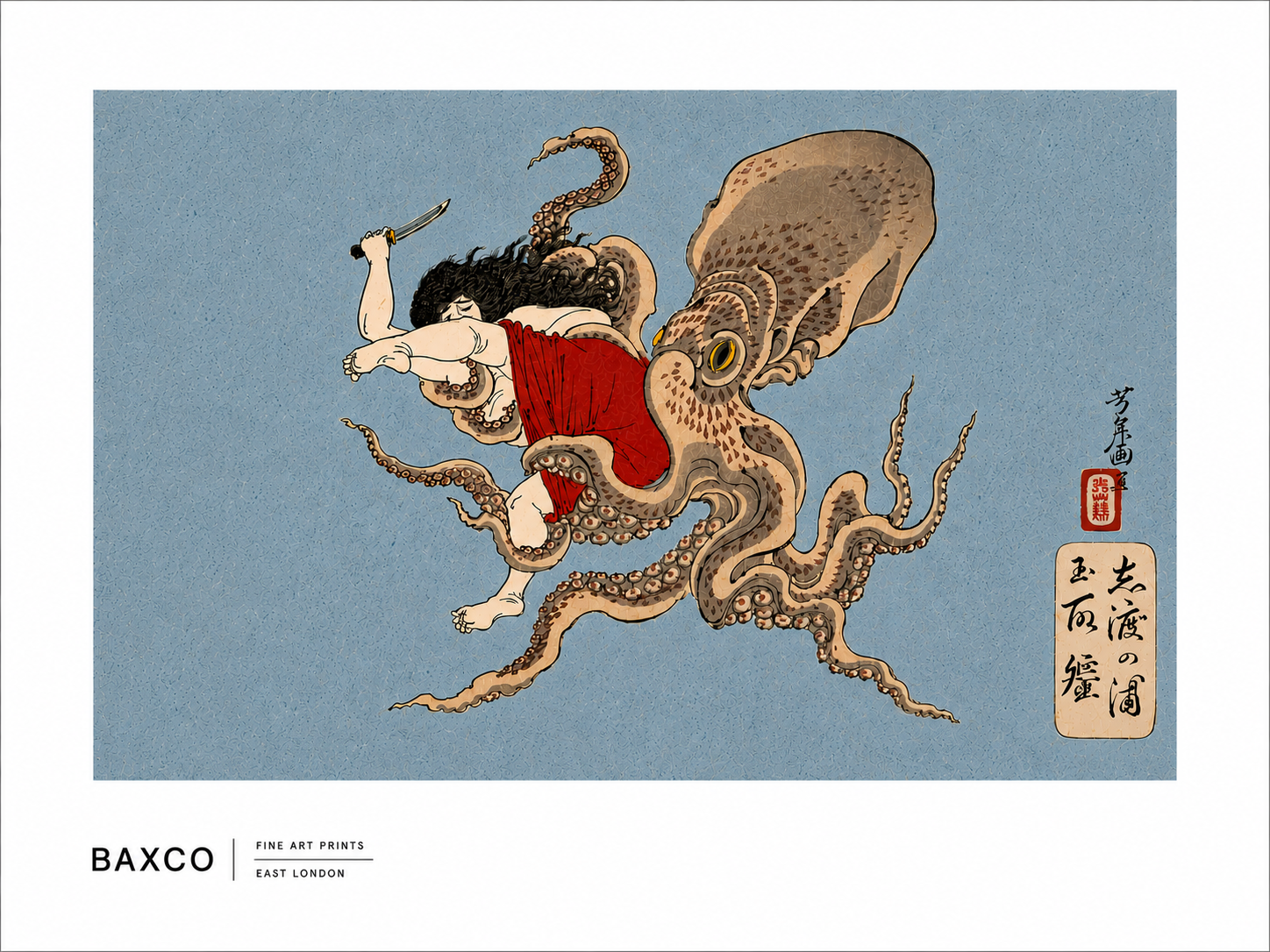 Ama takes its name from Japan’s centuries-old tradition of female free-divers, who descended into coastal waters without breathing apparatus to gather abalone, shellfish and other treasures from the sea.

This reproduction of an extraordinary 1870s colour woodcut by Tsukioka Yoshitoshi transforms that real-world tradition into something altogether more fantastical. 