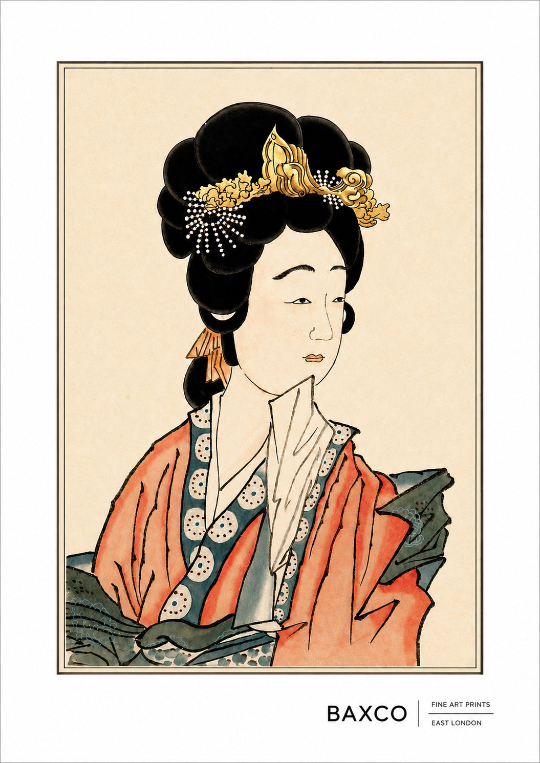 Kurokami captures the elegance and extraordinary visual language of historical Japanese portraiture.

This beautiful reproduction of a 19th-century gouache painting by an unknown Japanese artist is named for the Japanese word for&nbsp;“black hair”. The work is dominated by the sitter's elaborate coiffure and gilded hair ornaments, set against the vivid vermilion, indigo and softly aged tones of her robes.