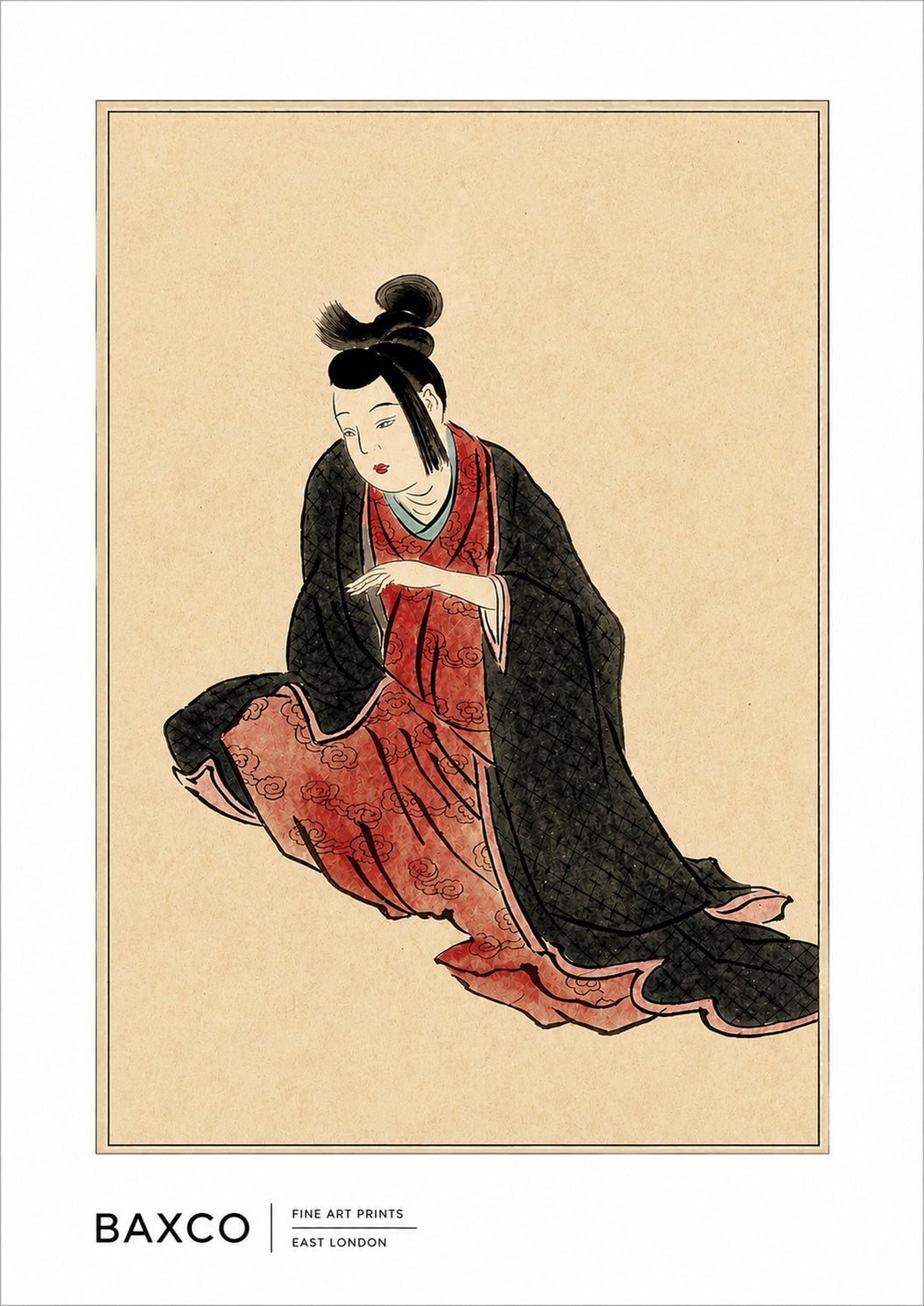 Shizuka takes its name from the Japanese word for “quiet” or “stillness”.

This beautiful reproduction of a 19th-century Japanese painting by an unknown artist captures a solitary figure seated against an expanse of warm, textured paper. Her flowing black outer robe reveals flashes of rich vermilion beneath, while the restrained palette, delicate linework and generous use of negative space give the composition its striking sense of calm and intimacy.