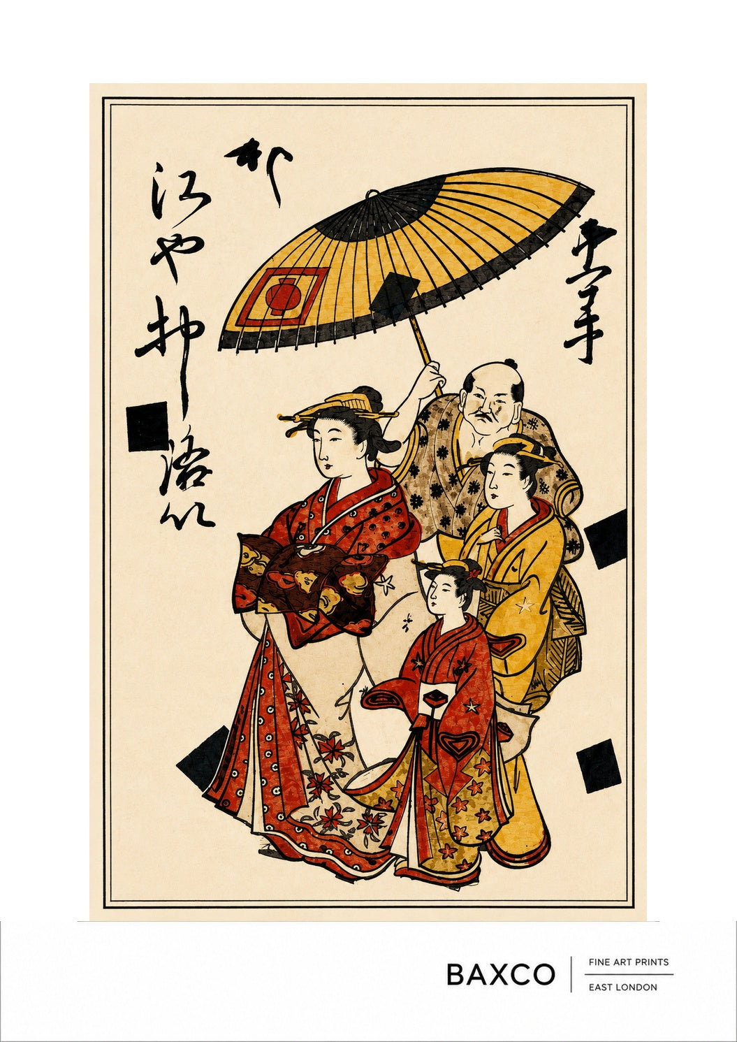 Wagasa takes its name from the traditional Japanese paper parasol that dominates the composition. Dating to around 1850, this colour woodcut depicts a tayū, an elite courtesan, on parade with her two kamuro, or child attendants, while a male attendant holds the great parasol above them. Brilliant vermilion and golden-yellow robes, elaborate textiles and delicate ornamentation turn the procession into a wonderfully theatrical display of colour and pattern.
