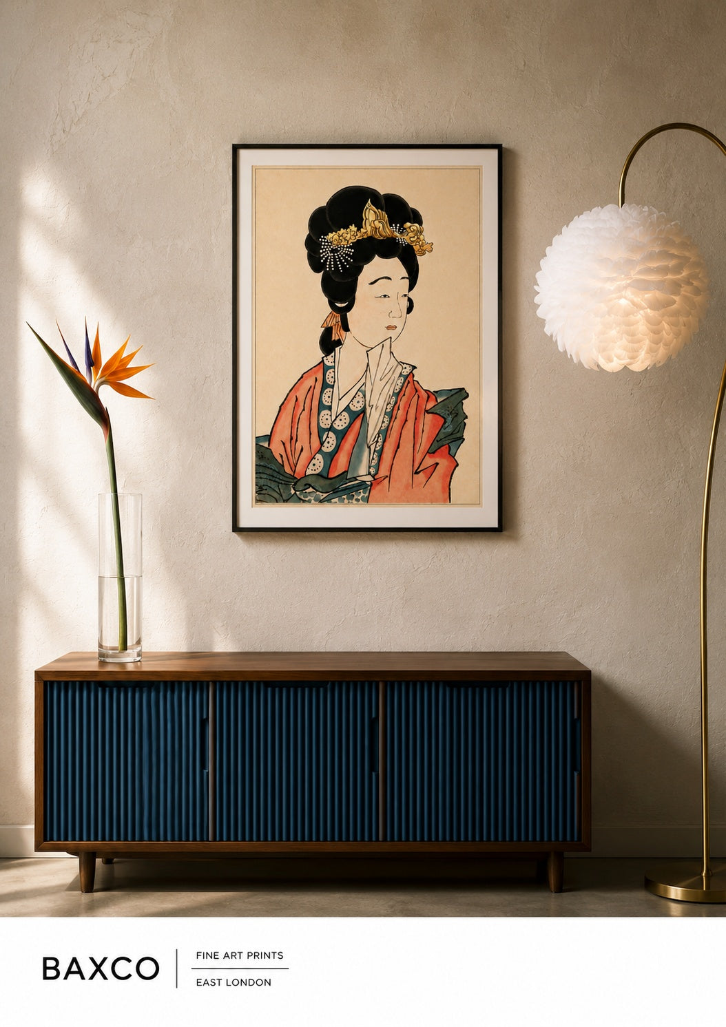 Display. Kurokami captures the elegance and extraordinary visual language of historical Japanese portraiture.

This beautiful reproduction of a 19th-century gouache painting by an unknown Japanese artist is named for the Japanese word for&nbsp;“black hair”. The work is dominated by the sitter's elaborate coiffure and gilded hair ornaments, set against the vivid vermilion, indigo and softly aged tones of her robes.