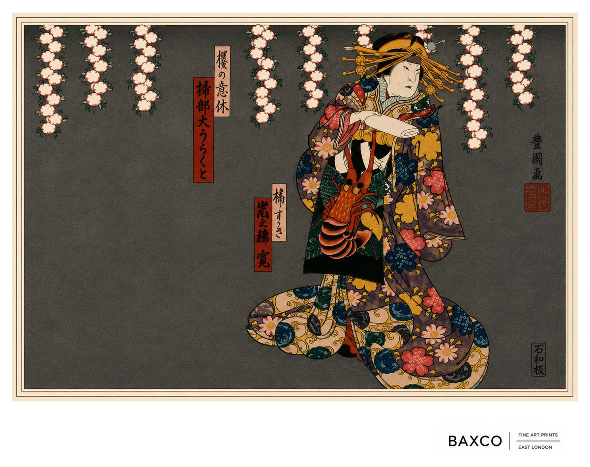 Oiran takes its name from the elaborately dressed courtesan portrayed on stage by a male kabuki actor, identifiable through the extraordinary hairstyle, ornamental hairpins, richly patterned robes, and theatrical gesture.

This reproduction of an early 1860s colour woodcut by Utagawa Kunikazu captures the actor beneath cascading blossoms, dressed in layers of deep blue, gold, red, and black and carrying an enormous lobster prop. 