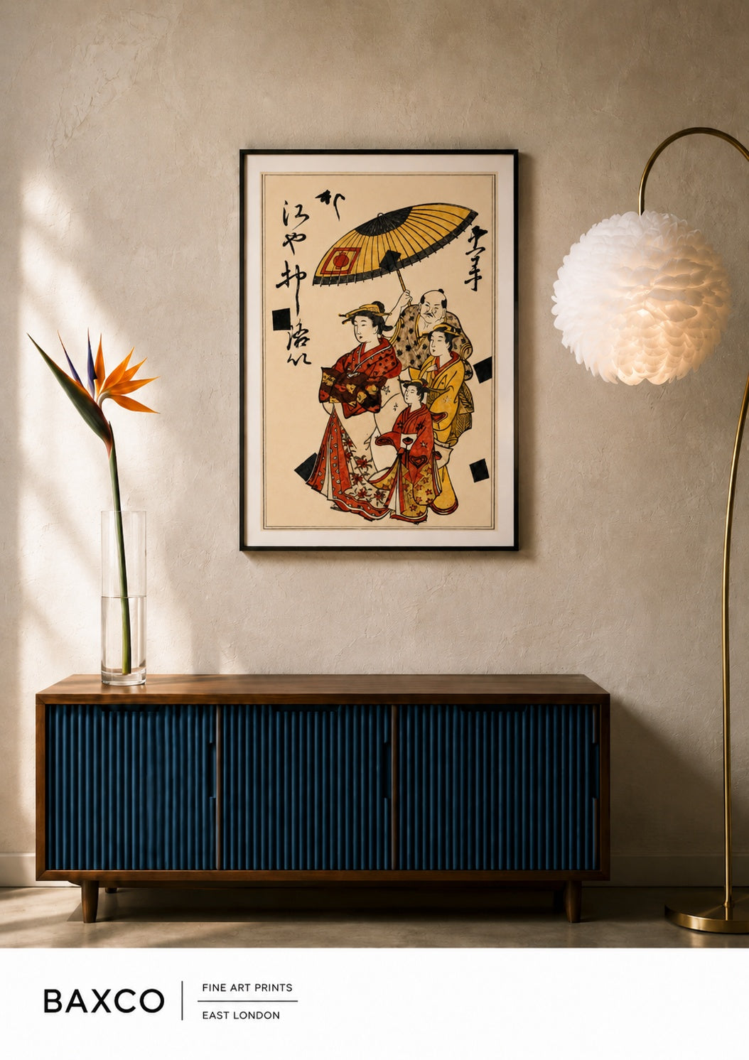 Wagasa takes its name from the traditional Japanese paper parasol that dominates the composition. Dating to around 1850, this colour woodcut depicts a tayū, an elite courtesan, on parade with her two kamuro, or child attendants, while a male attendant holds the great parasol above them. Brilliant vermilion and golden-yellow robes, elaborate textiles and delicate ornamentation turn the procession into a wonderfully theatrical display of colour and pattern.
