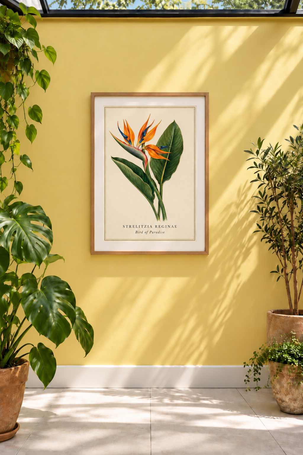 A reproduction of a mid-19th-century watercolour of Strelitzia reginae, better known as the bird of paradise or crane flower. Native to South Africa, its extraordinary orange and blue flowers give the impression of an exotic bird in flight. Introduced to Britain in 1773, the plant was named in honour of Queen Charlotte of Mecklenburg-Strelitz.