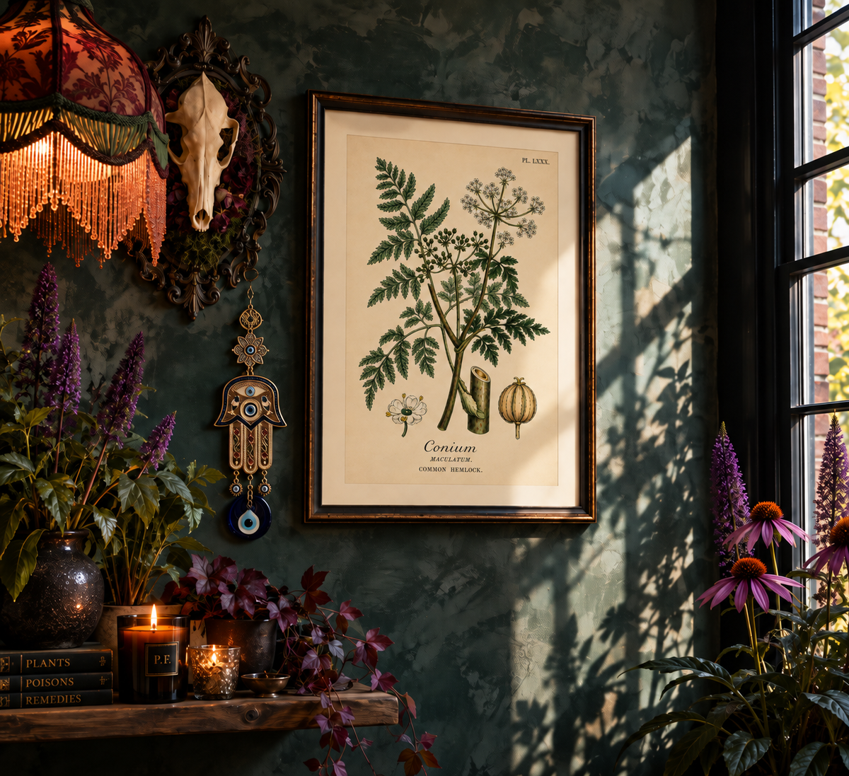 A finely detailed botanical study of common hemlock, or Conium maculatum, one of history’s most infamous poisonous plants. Used as a method of execution in the ancient world, hemlock is forever associated with the death of the Greek philosopher Socrates, who was sentenced to drink the poison in 399 BC.

The illustration originates from an 1855 hand-coloured engraving by J. Johnstone, published in Glasgow by Blackie &amp; Son as part of a study of four poisonous plants: hemlock, henbane, poisonous lettuce an