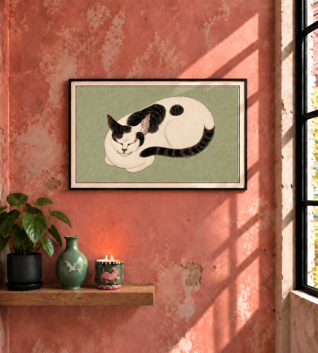 Quiet, intimate and beautifully observed, this is a reproduction of a 19th-century Japanese gouache painting that celebrates the familiar domestic animal at its most contented. A sleeping cat curled into an almost perfect circle, its body reduced to a beautiful sweep of delicate lines against the muted sage background.