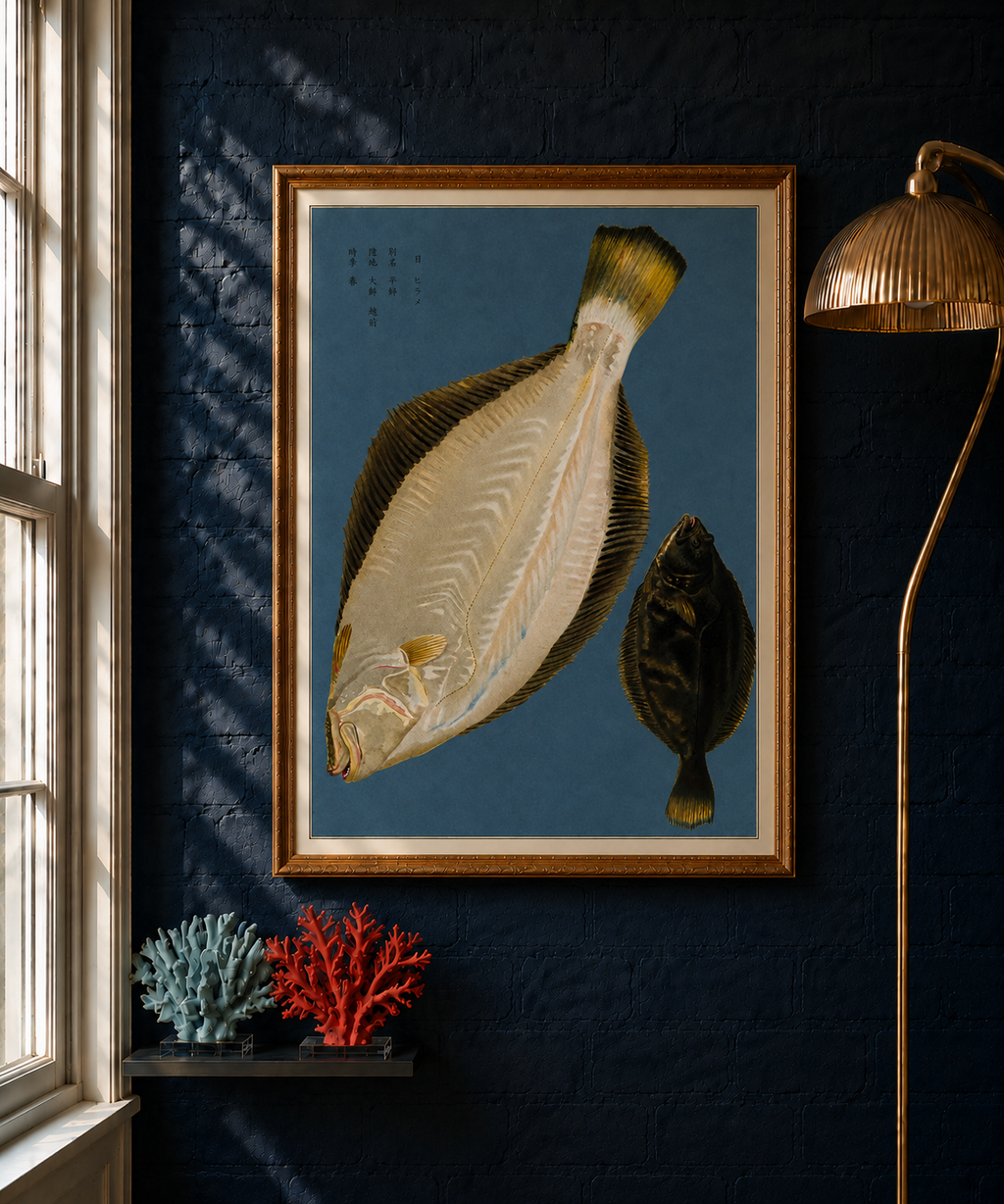 Hirame takes its name from the Japanese word for olive flounder.

This reproduction of an 1884 Japanese colour lithograph presents two views of the same remarkable fish: its pale underside and its dark upper surface. The dramatic contrast between them, combined with the flounder’s extraordinary flattened anatomy, gives the composition an almost sculptural quality.

The original appeared in Namima no nishiki, or Brocades of the Waves