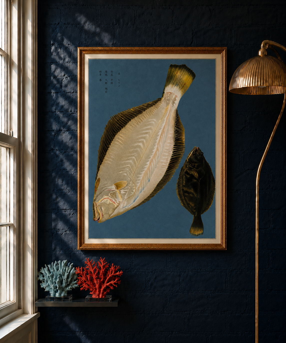Hirame takes its name from the Japanese word for olive flounder.

This reproduction of an 1884 Japanese colour lithograph presents two views of the same remarkable fish: its pale underside and its dark upper surface. The dramatic contrast between them, combined with the flounder’s extraordinary flattened anatomy, gives the composition an almost sculptural quality.

The original appeared in Namima no nishiki, or Brocades of the Waves