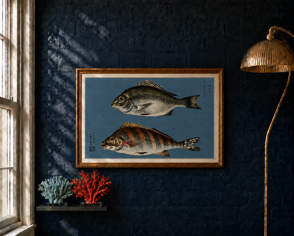 Kaizu takes its name from a Japanese term for the young black sea bream.

This reproduction of an 1884 Japanese colour lithograph pairs kaizu with takanohatai, or spotted-tail morwong. Silvery scales, dark banding and finely articulated fins are set against the deep indigo ground, creating a composition that feels both historic and strikingly modern.

The original appeared in Namima no nishiki, or Brocades of the Waves, a remarkable series of twelve prints devoted to the inhabitants of Japanese waters.