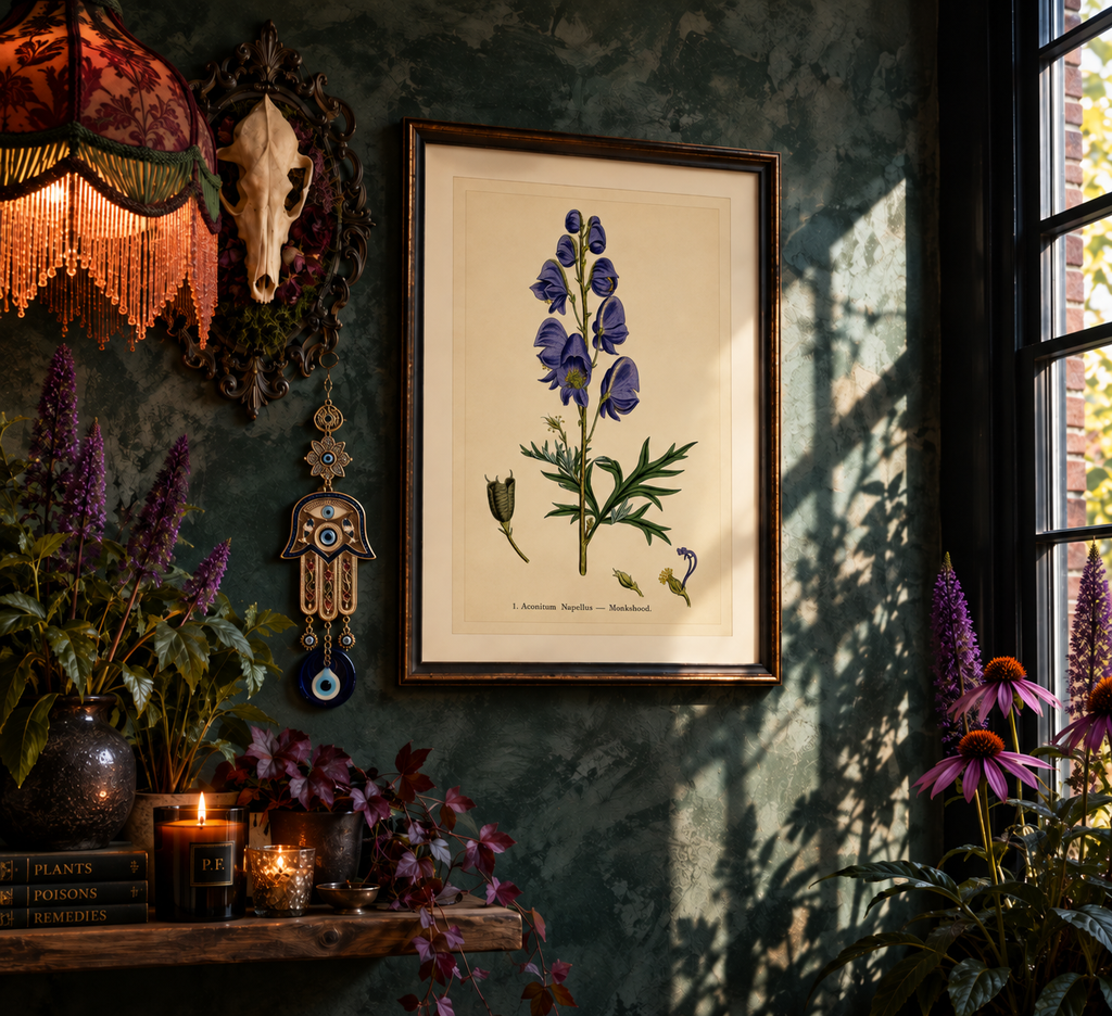 A dramatic botanical study of monkshood, or Aconitum napellus, instantly recognisable by its extraordinary violet-blue flowers. Beautiful but highly poisonous, the plant has a long and sinister history in folklore, medicine, and poisoning, earning it another enduring name: wolfsbane.

The illustration originates from an 1855 hand-coloured engraving by J. Johnstone, published in Glasgow by Blackie &amp; Son as part of a wider study of poisonous plants.
