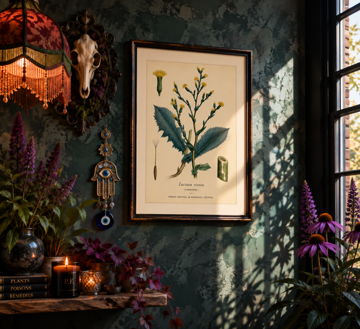 A finely observed botanical study of poisonous lettuce, or Lactuca virosa, a wild relative of the familiar garden lettuce with a rather darker reputation. Its milky sap, known as lactucarium, was historically used for its sedative and pain-relieving properties, earning the plant the evocative nickname “lettuce opium.”

The illustration comes from an 1855 hand-coloured engraving by J. Johnstone, published in Glasgow by Blackie & Son as part of a study of four poisonous plants: hemlock, henbane, poisonous let