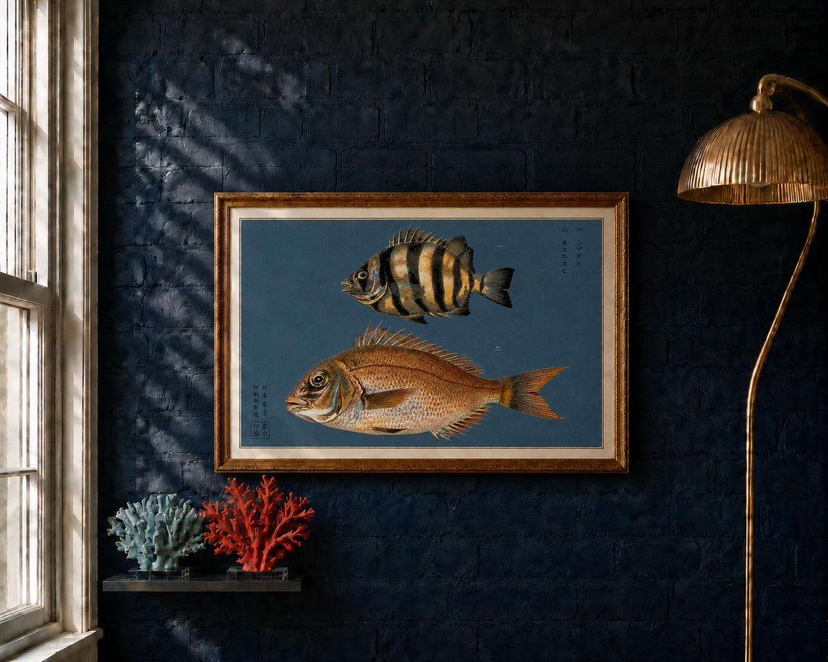 Shimadai &amp; Kasugodai brings together two distinctive inhabitants of Japanese waters: the boldly striped beakfish and the warm, copper-toned red sea bream.

This reproduction of an 1884 Japanese colour lithograph captures the contrasting forms of the two fish with remarkable delicacy. Their finely rendered scales, translucent fins and subtle natural colouring stand beautifully against the deep indigo ground.

The original appeared in Namima no nishiki, or Brocades of the Waves
