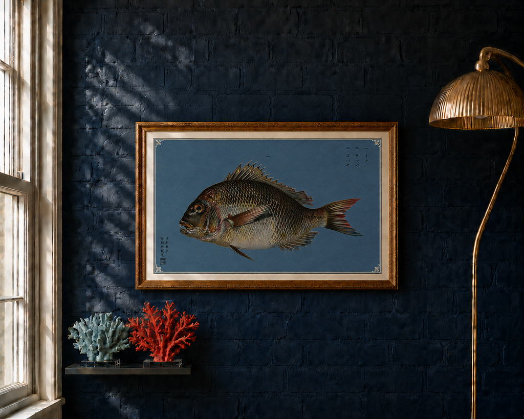 Tai takes its name from the Japanese word for sea bream, a fish traditionally associated with celebration and good fortune.

This reproduction of a late-19th-century Japanese colour lithograph presents the fish in magnificent isolation. Its powerful body, intricate scales and dark copper colouring stand against the deep blue ground, enclosed by a delicate ornamental border.

The original appeared in Namima no nishiki, or Brocades of the Waves, a remarkable series of twelve prints devoted to the inhabitants 