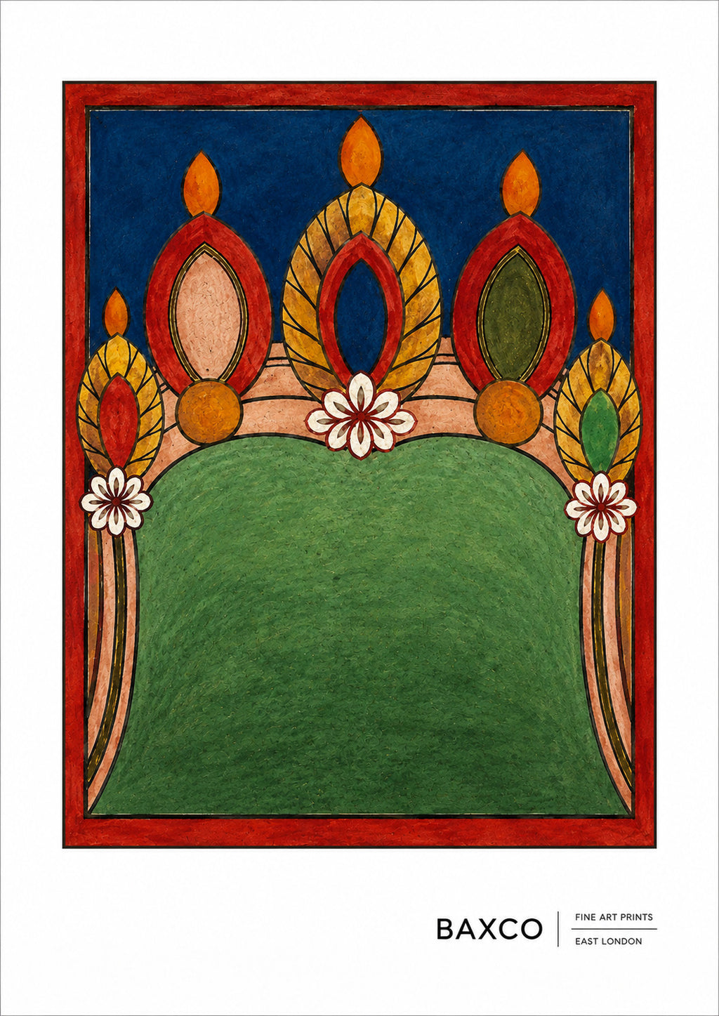 Dating approximately to the 19th century, this reproduction of The Five Jewels is one of twelve surviving Tibetan divination cards.

Five coloured forms are arranged against a vivid red ground, creating one of the simplest and most striking compositions in the Threads of Fortune collection.

Precious jewels and treasures carry rich symbolism in Tibetan Buddhism, where they can represent spiritual wealth, qualities of the Buddhist teachings and things considered precious beyond their material value. Groups o