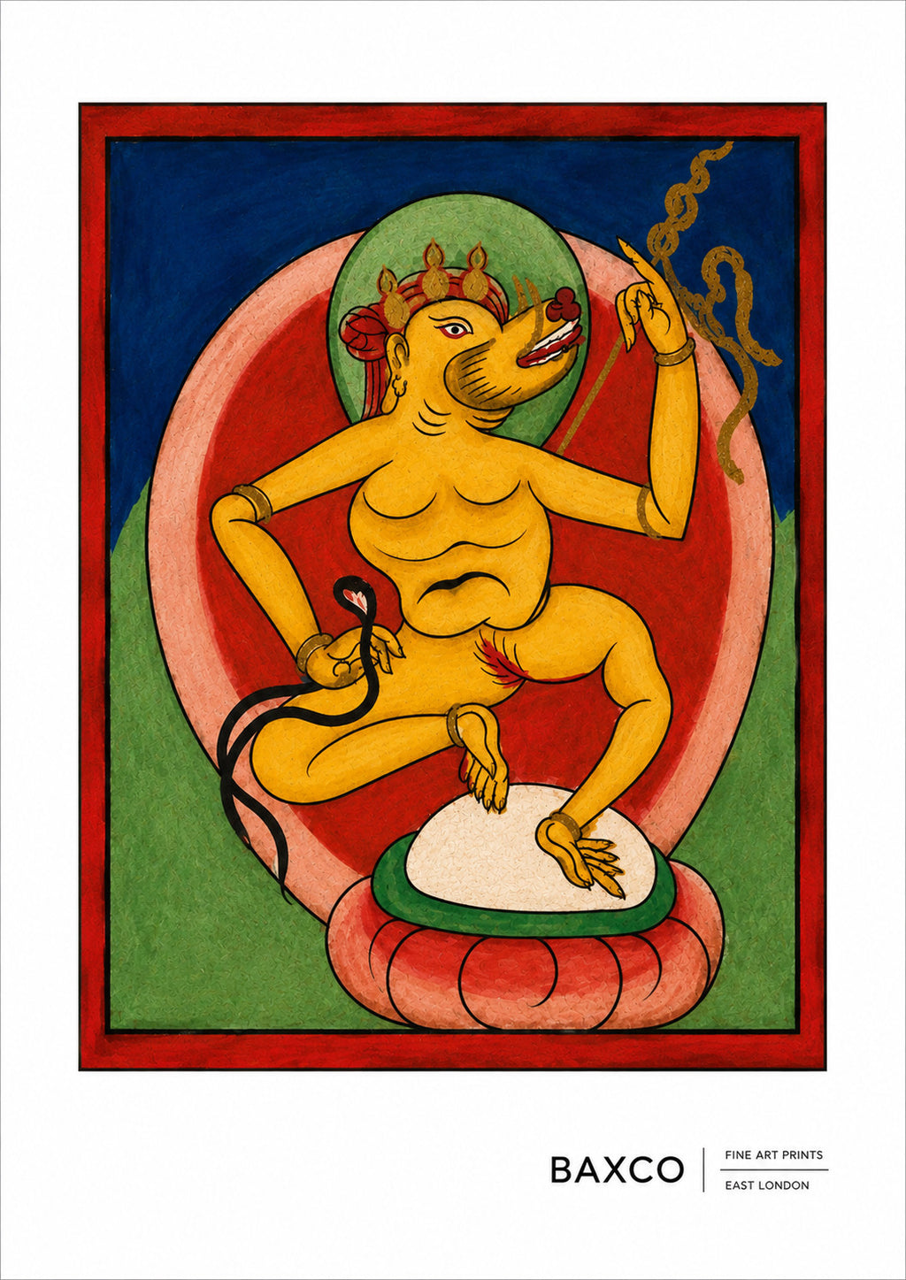 Dating approximately to the 19th century, this reproduction of The Golden Oracle is one of twelve surviving Tibetan divination cards.

A golden-yellow figure sits at the centre of the card against a vivid red ground, its simple form surrounded by the bold blocks of colour characteristic of the Threads of Fortune collection.

Yellow and gold carry powerful associations within Tibetan Buddhist imagery, including abundance, prosperity, learning and spiritual richness. Colour is rarely simply decorative.