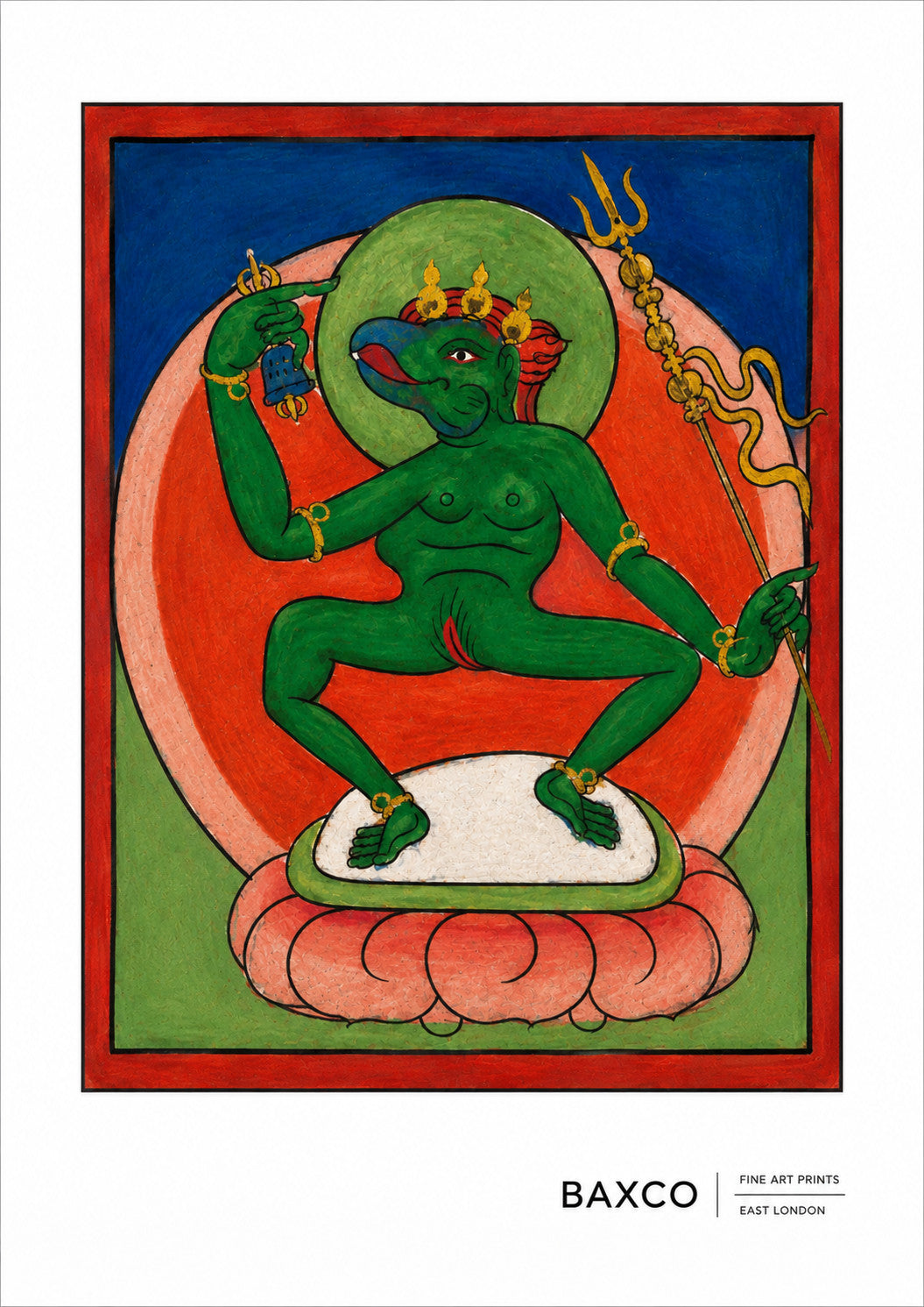 A wonderfully distinctive reproduction from a remarkable series of twelve Tibetan divination cards, depicting a green, animal-headed figure seated within concentric fields of red, blue, and green. The figure holds ritual attributes in each hand and is surrounded by the bold, highly stylised forms characteristic of the series.

The precise identity and divinatory meaning of the figure have not been securely established. The Green Guardian is therefore a modern editorial title, chosen to describe the image wi