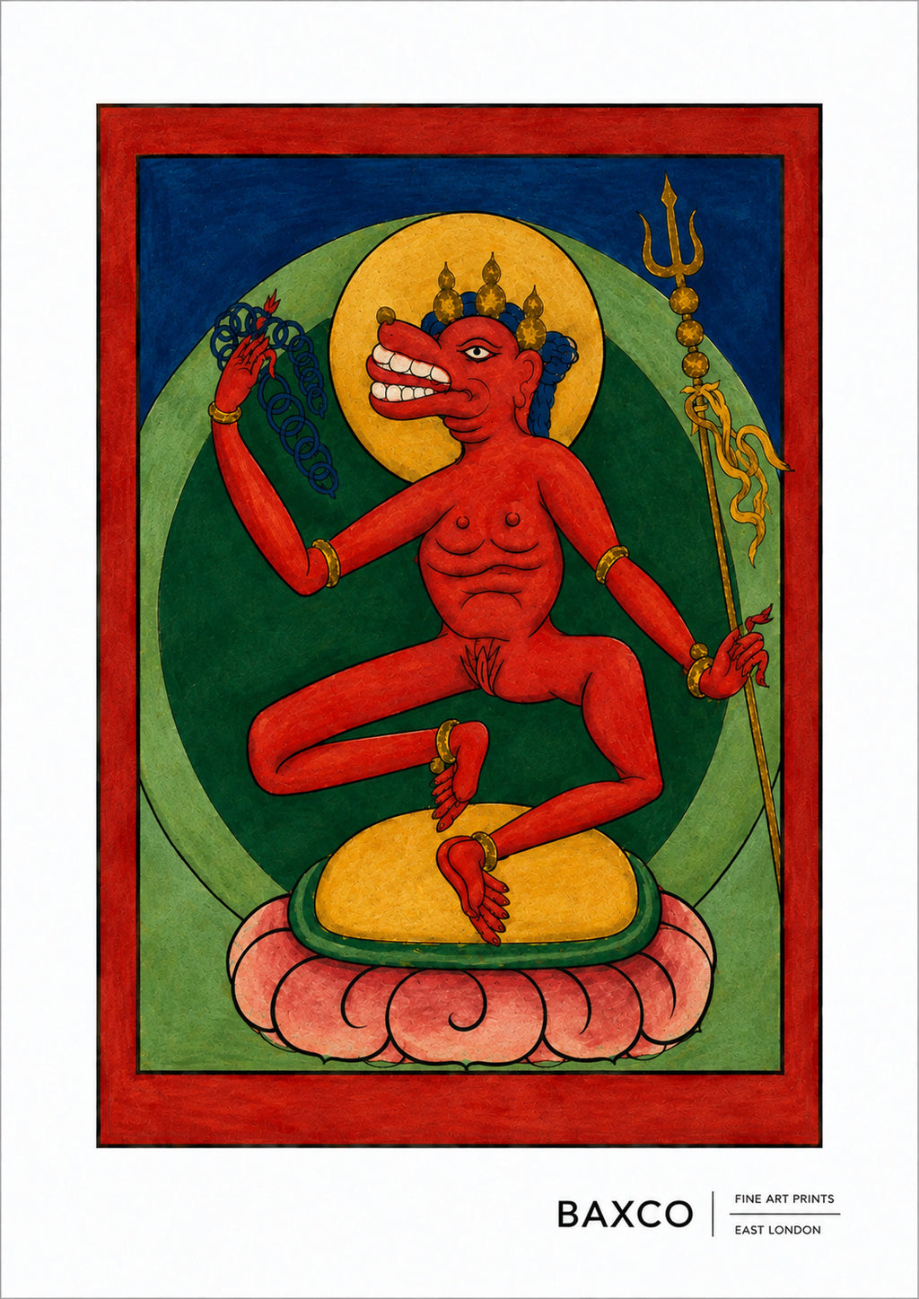 Dating approximately to the 19th century, this reproduction of The Red Oracle is one of twelve surviving Tibetan divination cards.

A vivid red figure sits cross-legged at the centre of the card, surrounded by bold fields of red, blue and green. The simplicity of the composition gives the figure an extraordinary presence, with the intense red pigment dominating the image.

Red is a powerful colour in Tibetan Buddhist imagery, associated with magnetising activity, energy and the transformation of desire. Rat