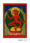Dating approximately to the 19th century, this reproduction of The Red Oracle is one of twelve surviving Tibetan divination cards.

A vivid red figure sits cross-legged at the centre of the card, surrounded by bold fields of red, blue and green. The simplicity of the composition gives the figure an extraordinary presence, with the intense red pigment dominating the image.

Red is a powerful colour in Tibetan Buddhist imagery, associated with magnetising activity, energy and the transformation of desire. Rat