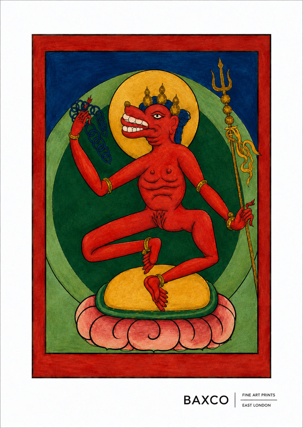 Dating approximately to the 19th century, this reproduction of The Red Oracle is one of twelve surviving Tibetan divination cards.

A vivid red figure sits cross-legged at the centre of the card, surrounded by bold fields of red, blue and green. The simplicity of the composition gives the figure an extraordinary presence, with the intense red pigment dominating the image.

Red is a powerful colour in Tibetan Buddhist imagery, associated with magnetising activity, energy and the transformation of desire. Rat