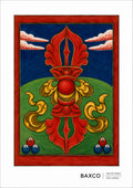 Dating approximately to the 19th century, this reproduction of The Red Vajra is one of twelve surviving Tibetan divination cards.

At its centre is the vajra, one of the most important ritual objects and symbols in Tibetan Buddhism, depicted here in vivid red against a field of strong geometric colour.

The Sanskrit word vajra can mean both thunderbolt and diamond, combining two powerful ideas: the irresistible force of the thunderbolt and the indestructible nature of the diamond. In Buddhist symbolism it c
