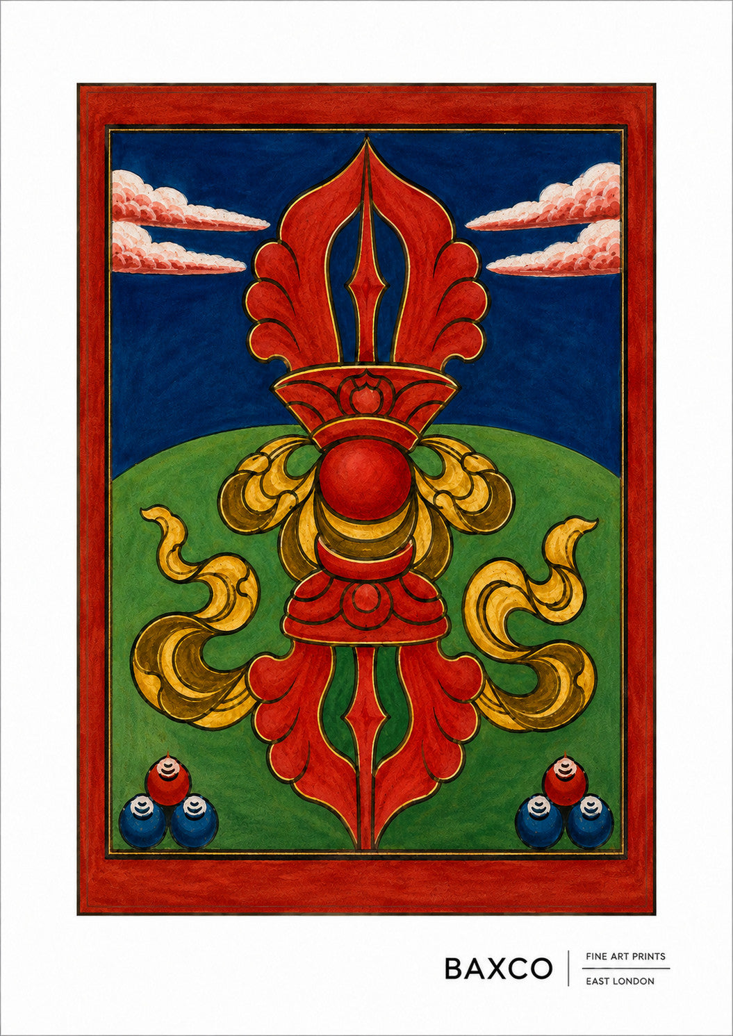 Dating approximately to the 19th century, this reproduction of The Red Vajra is one of twelve surviving Tibetan divination cards.

At its centre is the vajra, one of the most important ritual objects and symbols in Tibetan Buddhism, depicted here in vivid red against a field of strong geometric colour.

The Sanskrit word vajra can mean both thunderbolt and diamond, combining two powerful ideas: the irresistible force of the thunderbolt and the indestructible nature of the diamond. In Buddhist symbolism it c