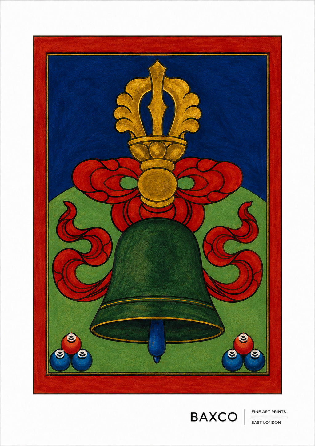 Dating approximately to the 19th century, this reproduction of The Sacred Bell is one of twelve surviving Tibetan divination cards.

At its centre is a ghanta, the ritual bell used throughout Tibetan Buddhist practice, depicted here in wonderfully simple, almost geometric form against a vivid red ground.

Traditionally used together with the Red Vajra in Tibetan Buddhist ritual, the bell represents wisdom while the vajra represents method or compassionate action. Held in opposite hands during ritual, the tw