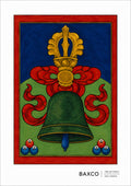 Dating approximately to the 19th century, this reproduction of The Sacred Bell is one of twelve surviving Tibetan divination cards.

At its centre is a ghanta, the ritual bell used throughout Tibetan Buddhist practice, depicted here in wonderfully simple, almost geometric form against a vivid red ground.

Traditionally used together with the Red Vajra in Tibetan Buddhist ritual, the bell represents wisdom while the vajra represents method or compassionate action. Held in opposite hands during ritual, the tw