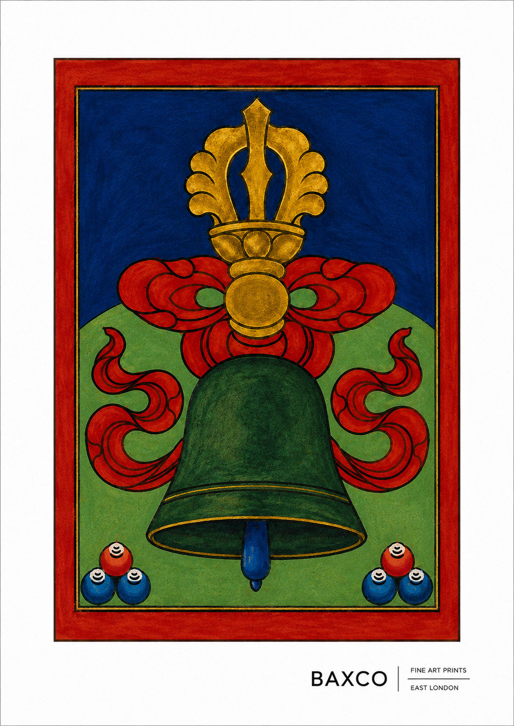 Dating approximately to the 19th century, this reproduction of The Sacred Bell is one of twelve surviving Tibetan divination cards.

At its centre is a ghanta, the ritual bell used throughout Tibetan Buddhist practice, depicted here in wonderfully simple, almost geometric form against a vivid red ground.

Traditionally used together with the Red Vajra in Tibetan Buddhist ritual, the bell represents wisdom while the vajra represents method or compassionate action. Held in opposite hands during ritual, the tw