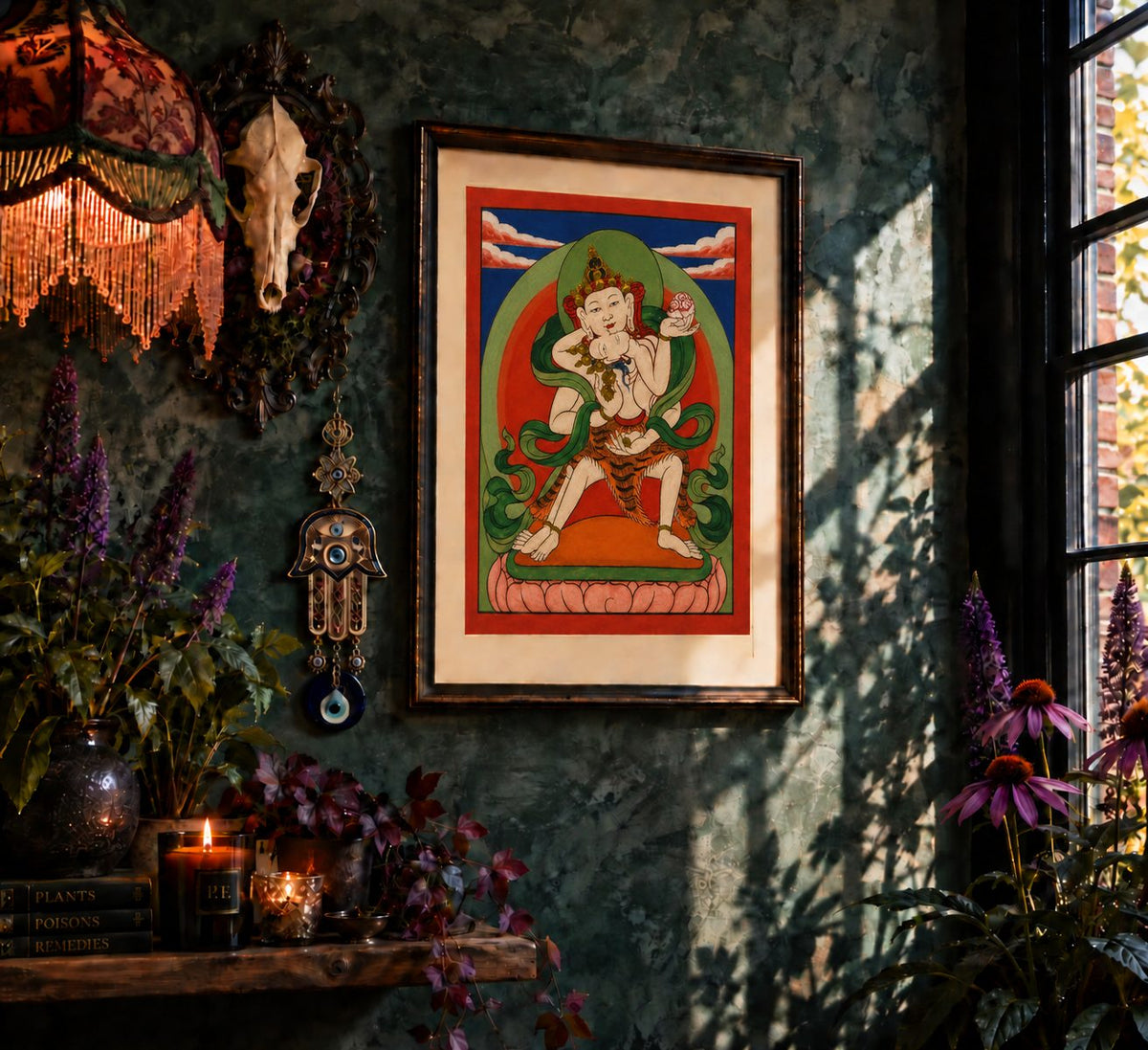 Two figures appear locked in an intimate embrace, creating one of the most immediately intriguing images in the Threads of Fortune collection. To Western eyes the imagery can appear explicitly sexual, but within Tibetan Buddhist art such unions can carry a much deeper symbolic meaning.

Known in Tibetan Buddhist iconography as yab-yum, meaning “father-mother”, the embrace represents the union of complementary principles, particularly wisdom and compassion or wisdom and skilful means. Rather than depicting s