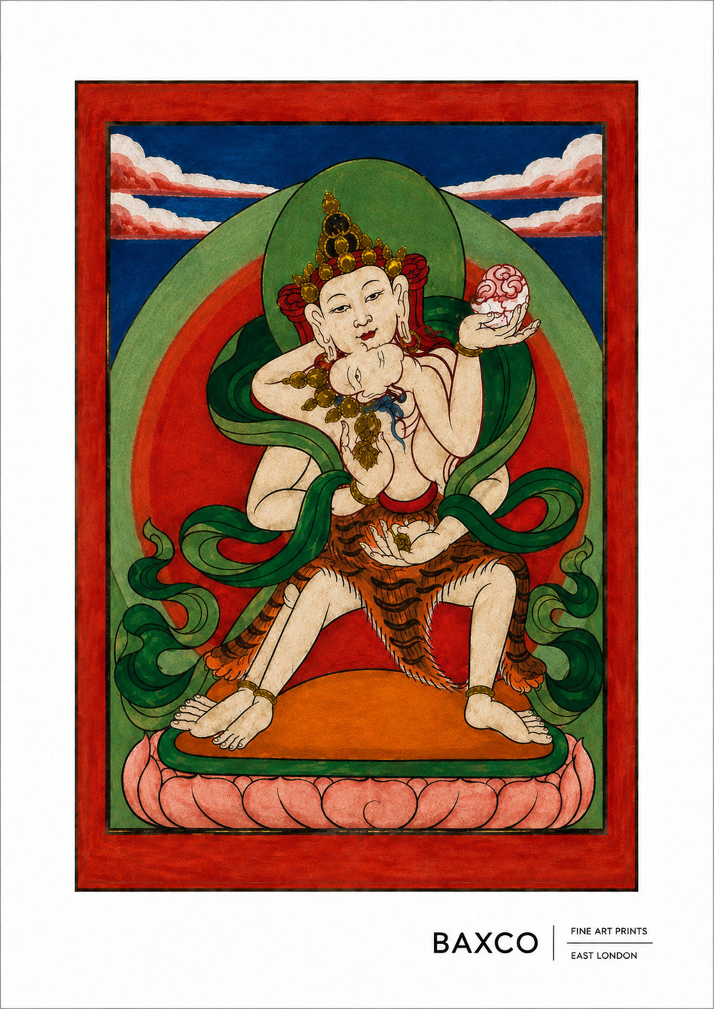 Two figures appear locked in an intimate embrace, creating one of the most immediately intriguing images in the Threads of Fortune collection. To Western eyes the imagery can appear explicitly sexual, but within Tibetan Buddhist art such unions can carry a much deeper symbolic meaning.

Known in Tibetan Buddhist iconography as yab-yum, meaning “father-mother”, the embrace represents the union of complementary principles, particularly wisdom and compassion or wisdom and skilful means. Rather than depicting s