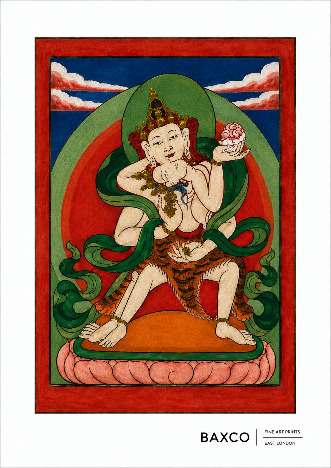 Two figures appear locked in an intimate embrace, creating one of the most immediately intriguing images in the Threads of Fortune collection. To Western eyes the imagery can appear explicitly sexual, but within Tibetan Buddhist art such unions can carry a much deeper symbolic meaning.

Known in Tibetan Buddhist iconography as yab-yum, meaning “father-mother”, the embrace represents the union of complementary principles, particularly wisdom and compassion or wisdom and skilful means. Rather than depicting s