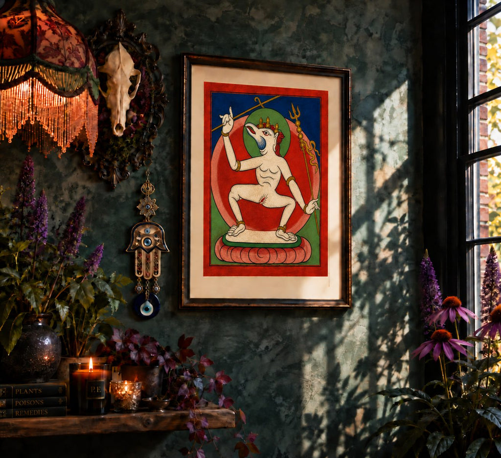 Dating approximately to the 19th century, The White Guardian is one of twelve surviving Tibetan divination cards.

A pale guardian figure stands dramatically against a deep red ground, surrounded by the bold geometric forms characteristic of the collection. Its almost skeletal appearance gives the image an immediate and slightly unsettling presence.

In Tibetan Buddhist imagery, fierce and unusual appearances do not necessarily signify evil. Guardian figures can embody protective forces.