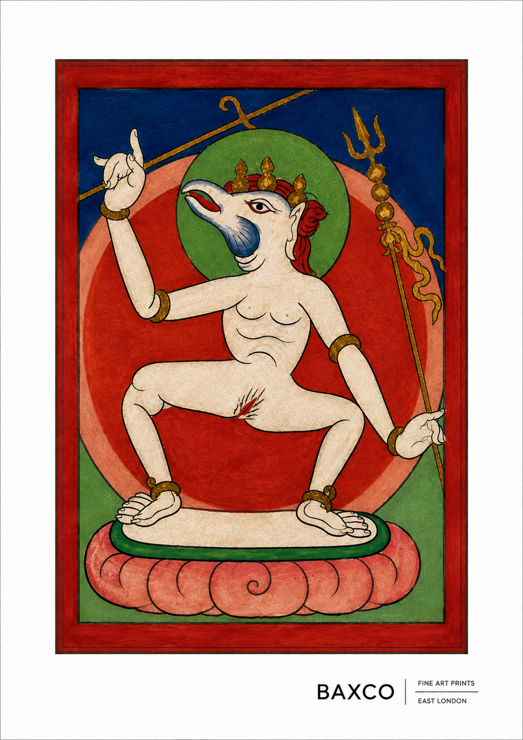 Dating approximately to the 19th century, The White Guardian is one of twelve surviving Tibetan divination cards.

A pale guardian figure stands dramatically against a deep red ground, surrounded by the bold geometric forms characteristic of the collection. Its almost skeletal appearance gives the image an immediate and slightly unsettling presence.

In Tibetan Buddhist imagery, fierce and unusual appearances do not necessarily signify evil. Guardian figures can embody protective forces.