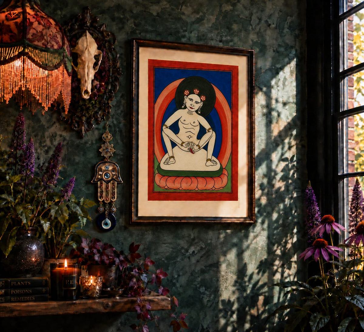 Dating approximately to the 19th century, The White Oracle is one of twelve surviving Tibetan divination cards.

A white-robed figure sits cross-legged against a deep red ground, framed by the distinctive geometric border shared across the collection. Compared with some of the more ferocious figures in the series, the image is strikingly calm and contemplative.

White carries powerful associations in Tibetan Buddhist imagery, including purity, peaceful activity and pacification. Figures depicted in white