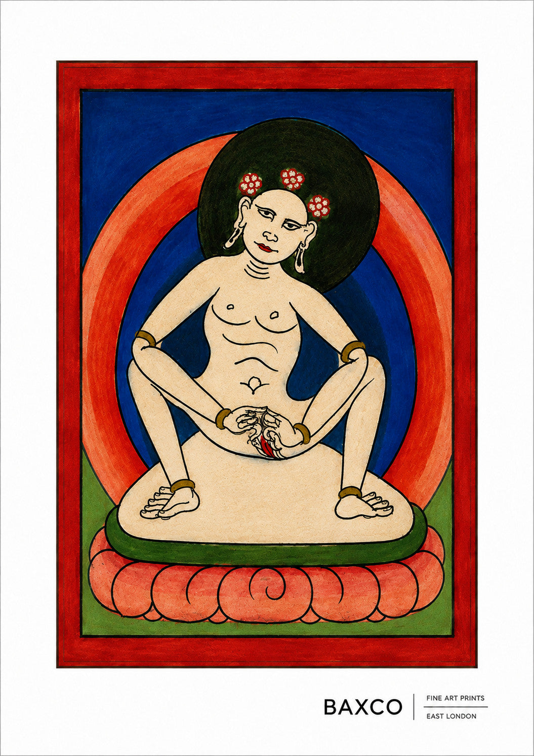 Dating approximately to the 19th century, The White Oracle is one of twelve surviving Tibetan divination cards.

A white-robed figure sits cross-legged against a deep red ground, framed by the distinctive geometric border shared across the collection. Compared with some of the more ferocious figures in the series, the image is strikingly calm and contemplative.

White carries powerful associations in Tibetan Buddhist imagery, including purity, peaceful activity and pacification. Figures depicted in white