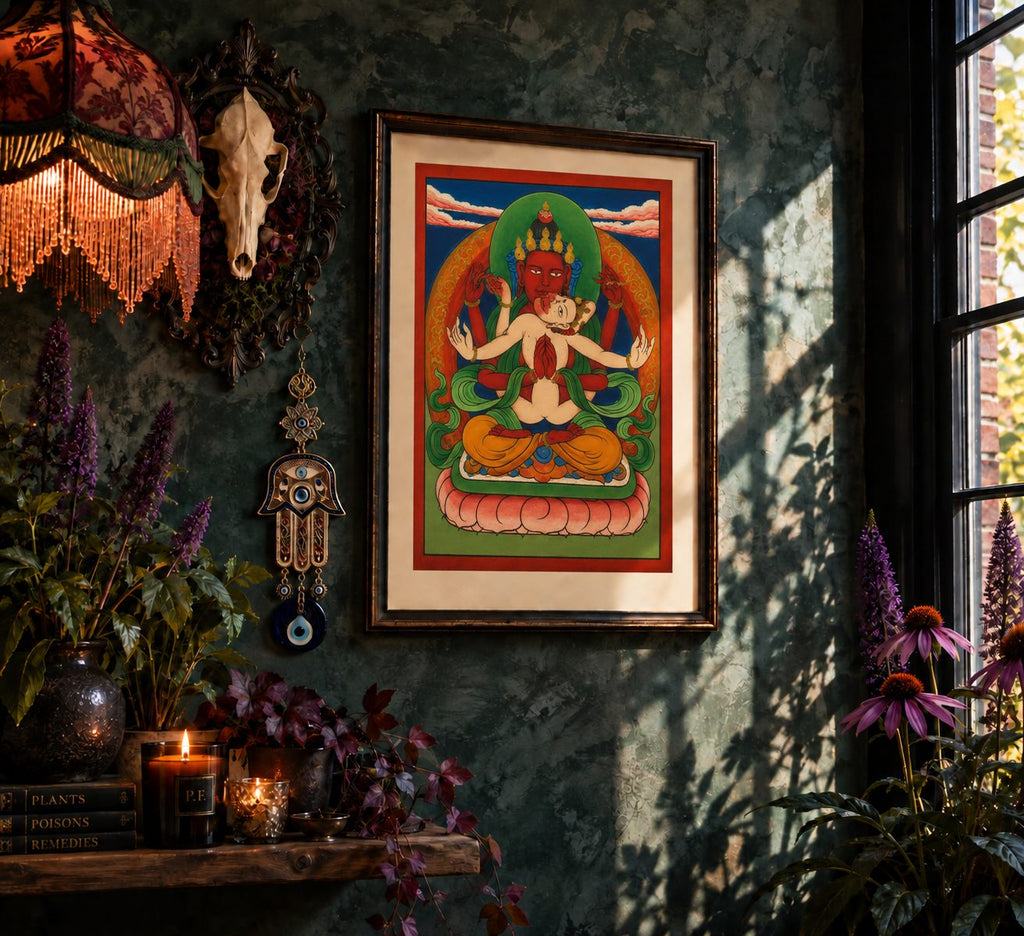 Dating approximately to the 19th century, this reproduction of Vajrabhairava is one of twelve surviving Tibetan divination cards.

Vajrabhairava is one of the great wrathful deities of Tibetan Buddhism, depicted in his terrifying buffalo-headed form surrounded by flames. His fearsome appearance is deliberate: this is spiritual power represented in its most uncompromising form.

Also known as Yamantaka, the “Destroyer of Death”, Vajrabhairava is a wrathful manifestation of Manjushri, the bodhisattva associat