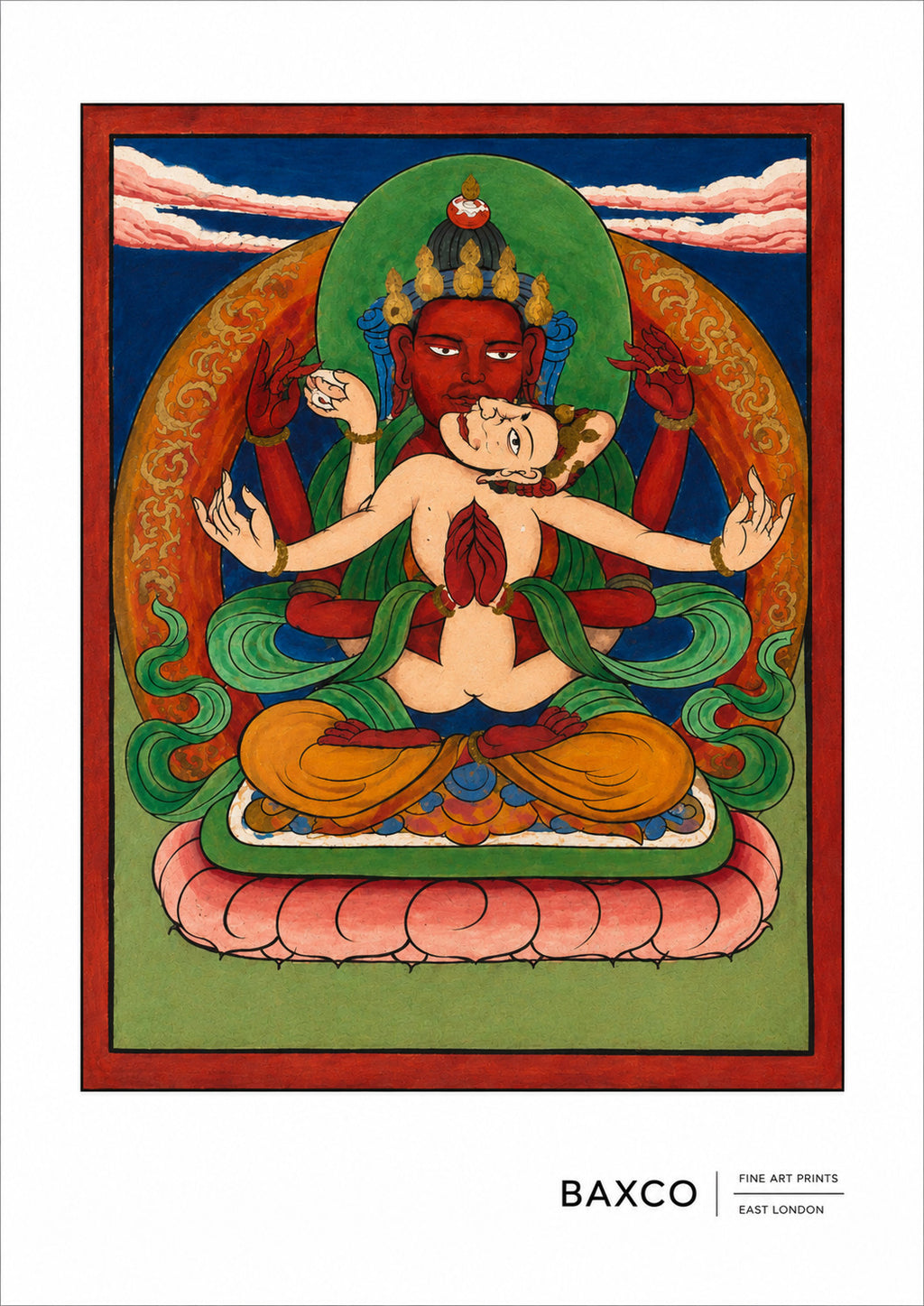 Dating approximately to the 19th century, this reproduction of Vajrabhairava is one of twelve surviving Tibetan divination cards.

Vajrabhairava is one of the great wrathful deities of Tibetan Buddhism, depicted in his terrifying buffalo-headed form surrounded by flames. His fearsome appearance is deliberate: this is spiritual power represented in its most uncompromising form.

Also known as Yamantaka, the “Destroyer of Death”, Vajrabhairava is a wrathful manifestation of Manjushri, the bodhisattva associat