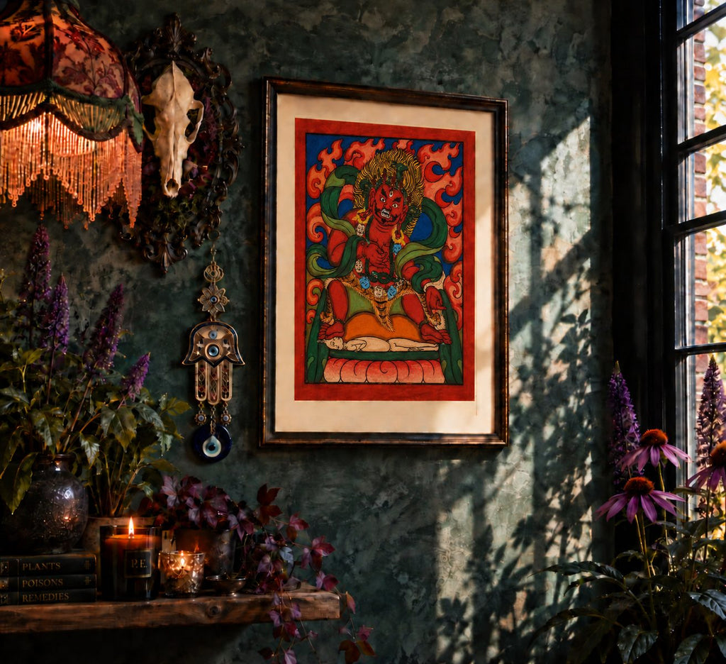 Dating approximately to the 19th century, The Wrathful Guardian is one of twelve surviving Tibetan divination cards.&nbsp;

A fierce red guardian dances among flames against vivid fields of blue and green. With its exaggerated features, dynamic pose and fiery aureole, this is one of the most visually arresting images in the Threads of Fortune collection.

Wrathful guardians have an important place in Tibetan Buddhism, where their ferocious appearance can represent protection rather than malevolence. 