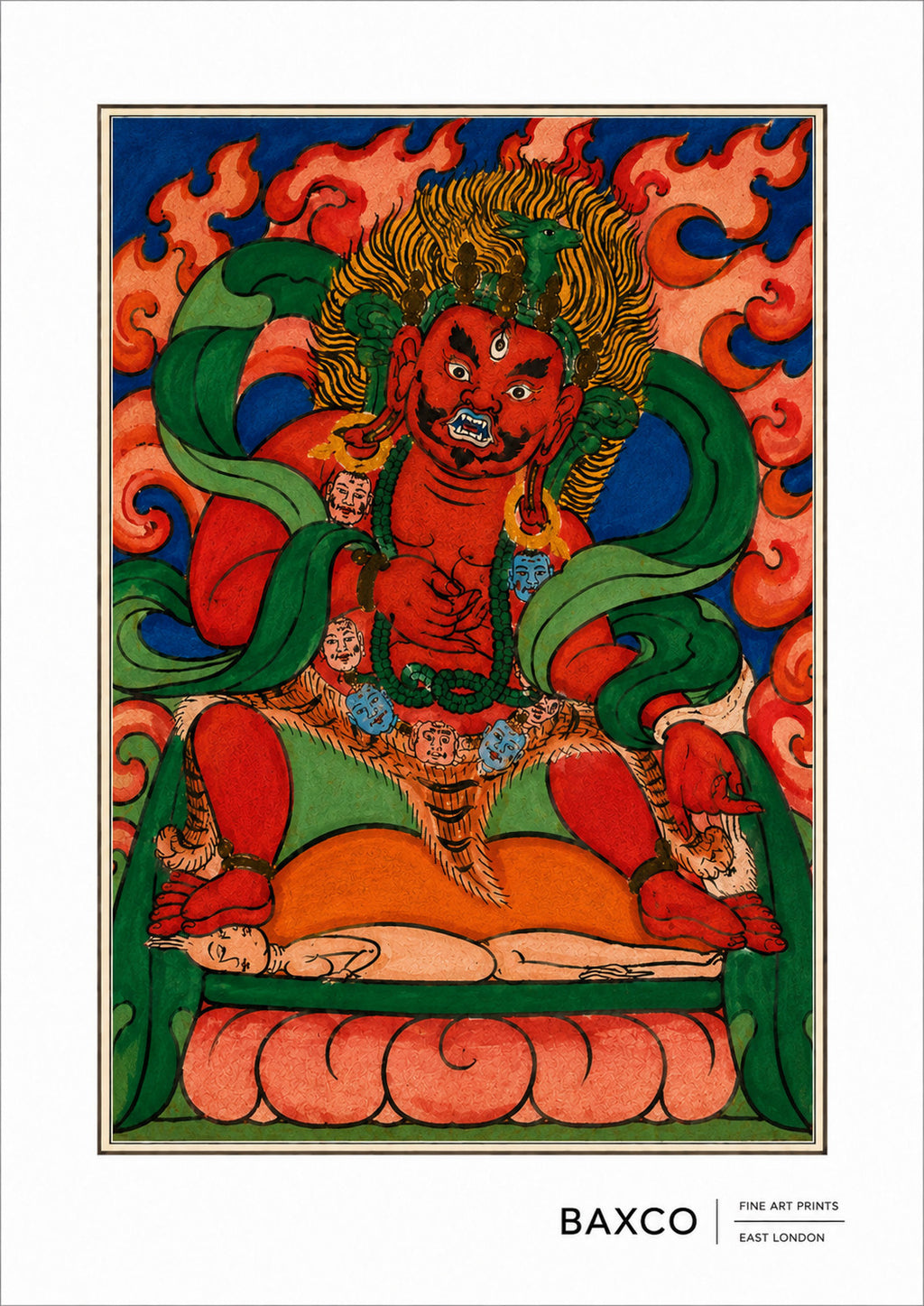 Dating approximately to the 19th century, The Wrathful Guardian is one of twelve surviving Tibetan divination cards.&nbsp;

A fierce red guardian dances among flames against vivid fields of blue and green. With its exaggerated features, dynamic pose and fiery aureole, this is one of the most visually arresting images in the Threads of Fortune collection.

Wrathful guardians have an important place in Tibetan Buddhism, where their ferocious appearance can represent protection rather than malevolence. 