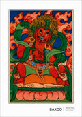 Dating approximately to the 19th century, The Wrathful Guardian is one of twelve surviving Tibetan divination cards.&nbsp;

A fierce red guardian dances among flames against vivid fields of blue and green. With its exaggerated features, dynamic pose and fiery aureole, this is one of the most visually arresting images in the Threads of Fortune collection.

Wrathful guardians have an important place in Tibetan Buddhism, where their ferocious appearance can represent protection rather than malevolence. 