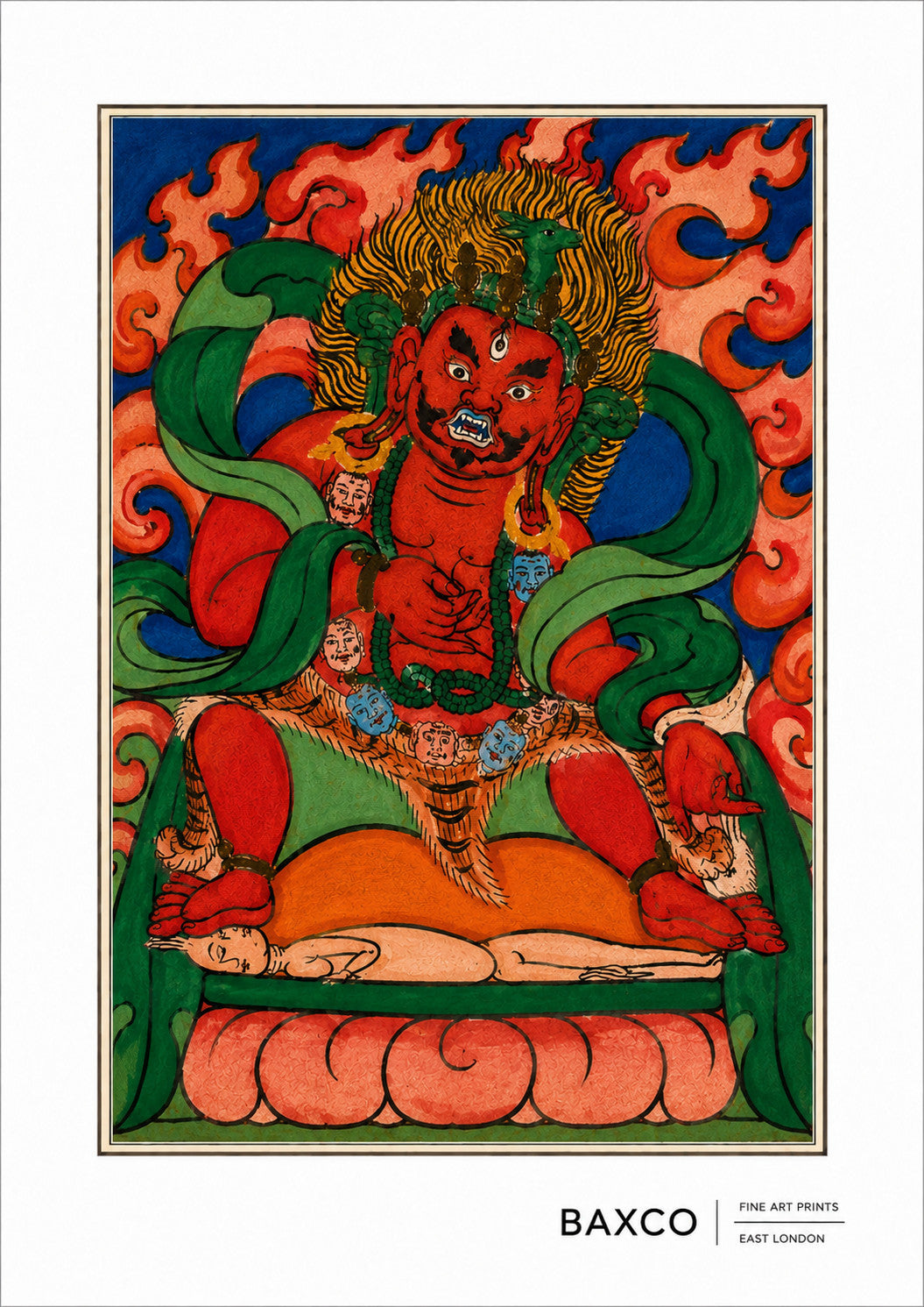 Dating approximately to the 19th century, The Wrathful Guardian is one of twelve surviving Tibetan divination cards.&nbsp;

A fierce red guardian dances among flames against vivid fields of blue and green. With its exaggerated features, dynamic pose and fiery aureole, this is one of the most visually arresting images in the Threads of Fortune collection.

Wrathful guardians have an important place in Tibetan Buddhism, where their ferocious appearance can represent protection rather than malevolence. 